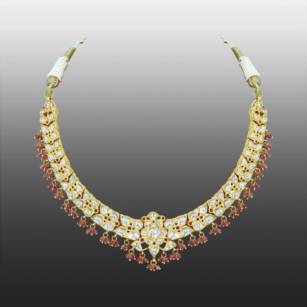 Floral Polki Necklace with Tourmaline Beads and Ruby Accents